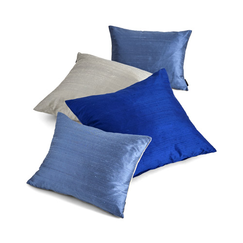 Coussins décoration soie sauvage beige gris bleu clair turquoise foncé marine acier