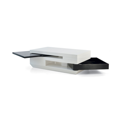 Table basse laque brillante décoration design contemporain plateaux pivotants blanc noir