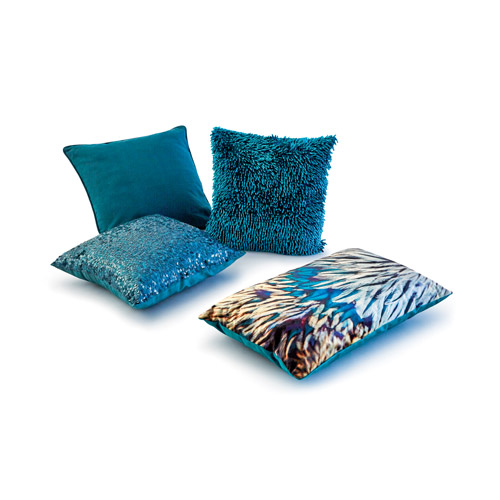Coussin décoration paillettes velours imprimé bleu canard turquoise pétrole
